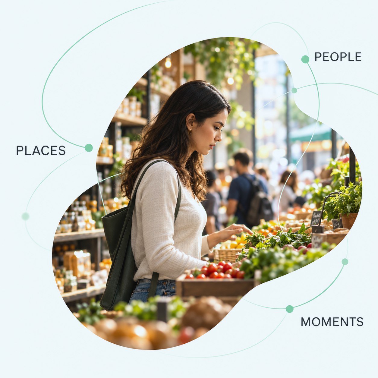 A woman choosing fresh produce at a busy indoor market, linked to the labels People, Places and Moments.